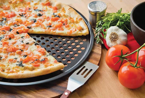 Round Pizza Pan with Holes, Non-Stick Carbon Steel Pizza Tray for Oven Cooking, Baking, Grilling, Dishwasher Safe