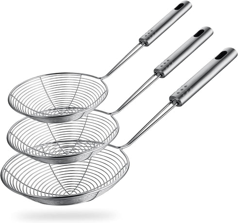 Spider Strainer Skimmer Spoon, Set of 3 Sizes, Stainless Steel Fryer Scoop, Wire Strainer Ladle for Cooking