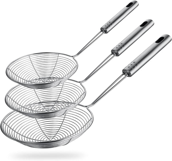 Spider Strainer Skimmer Spoon, Set of 3 Sizes, Stainless Steel Fryer Scoop, Wire Strainer Ladle for Cooking