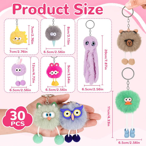 LiYiQ 30 Pcs Cute Plush Keychains Kawaii Keychain Bulk for Birthday Goodie Bags Pinata Toys Classroom Prizes Party