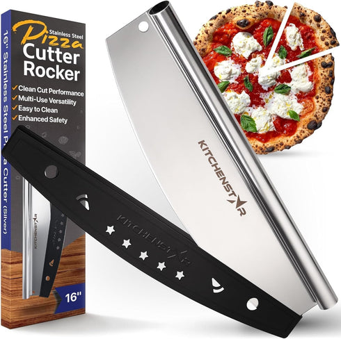 KitchenStar 16-Inch Pizza Cutter Rocker Blade - Sharp Stainless Steel Slicer Knife with Protective Cover, Dishwasher