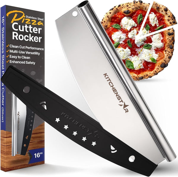 KitchenStar 16-Inch Pizza Cutter Rocker Blade - Sharp Stainless Steel Slicer Knife with Protective Cover, Dishwasher