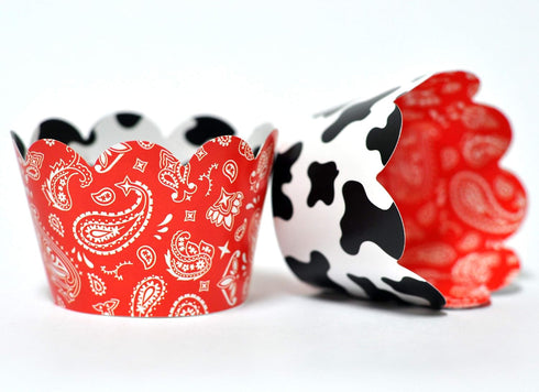 Cow and Bandana Cupcake Wrappers - Set of 24 Reversible for Kids Birthday Parties, Baby Showers, Farm Events