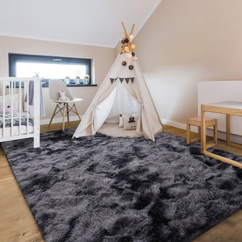 Hutha 6x9 Large Area Rugs for Living Room, Super Soft Fluffy Modern Bedroom Rug, Tie-Dyed Dark Grey Indoor Shag Fuzzy