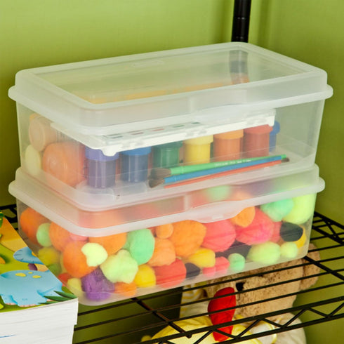 Sterilite Large FlipTop, Stackable Small Storage Bin, Clear, 6-Pack, Hinging Lid, Organize Desk