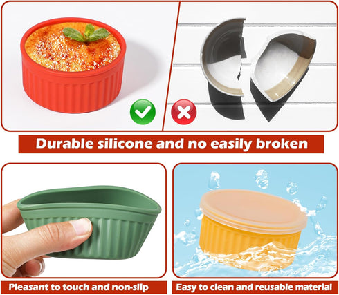 Nonstick Silicone Ramekins 4 oz with Lid, 6-Pack Oven Safe Bowls for Baking, Mini Souffle Dessert Cups
