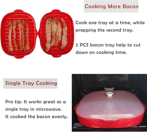 NICO SEE WONDER 2Pcs Microwave Easy Bacon Maker, Microwavable Grill Tray, Bacon's Cooker with Splatter Lid, Make Crispy