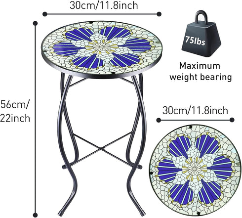 12 Inch Arbuxzuy Small Outdoor Side Table with Blue Morning Glory, Glass Mosaic Patio Table Indoor, Round Plant Coffee