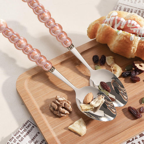Stainless Steel Spoons, Korean Dessert Spoon with Imitation Pearl Handle, 8.4 Inches, Set of 4, Pink.