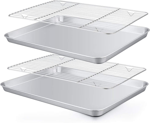 TeamFar 4 Piece Baking Pan with Rack Set, 12.5’’ x 9.5’’ Stainless Steel, Easy Clean