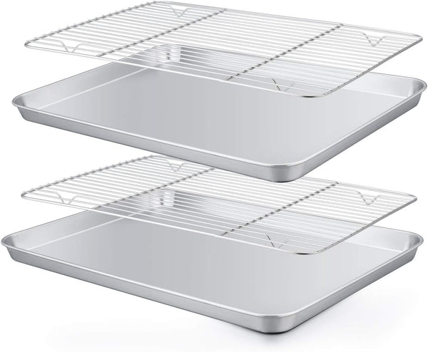 TeamFar 4 Piece Baking Pan with Rack Set, 12.5’’ x 9.5’’ Stainless Steel, Easy Clean