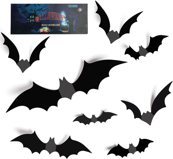 TDHDIKE 64 Pcs Halloween Decorations Black Bats Wall Decor, Reusable PVC 3D Stickers for Indoor Outdoor Party Decor