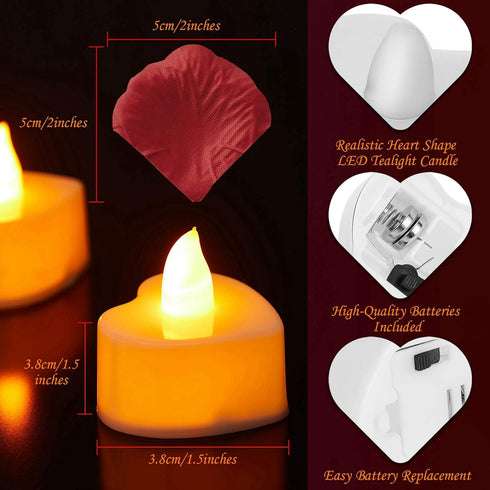 Honoson 1000 24 Pieces Artificial Rose Petals with Pcs Flameless Heart Shaped LED Tealights Candles Special Romantic
