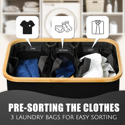 Black 160L Extra Large 3 Section Laundry Hamper with Lid, Clothes Organizer for Bedroom, Laundry Room, Dirty Clothing