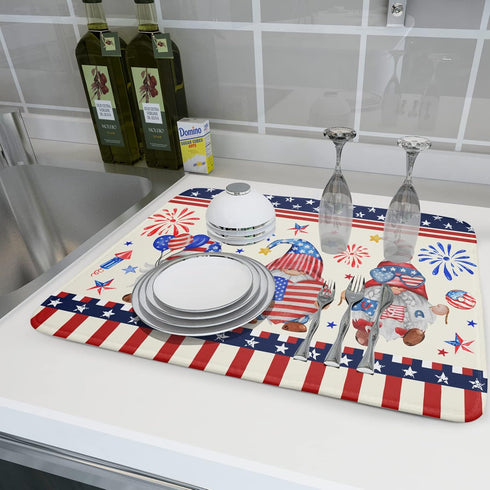 4th of July Drying Mat for Kitchen Counter, 18 x 24 in - Patriotic Gnomes Microfiber Dish Drainer Pad for Holiday Decor
