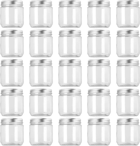 Fasmov 25 Pack 8 Ounce Clear Plastic Jars with Screw On Lids, Round Empty Containers for Kitchen Storage