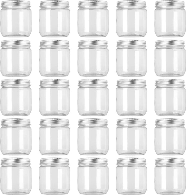Fasmov 25 Pack 8 Ounce Clear Plastic Jars with Screw On Lids, Round Empty Containers for Kitchen Storage