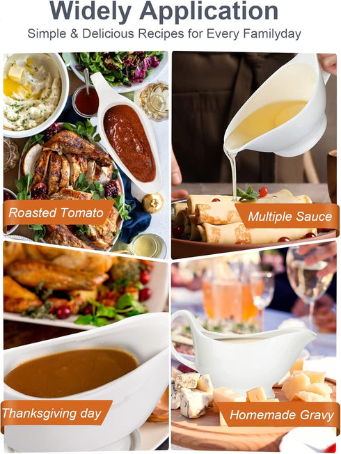 Nucookery Large Classic Gravy Boat with Warmer, 17 Oz, White Fine Porcelain, Microwave & Freezer Safe
