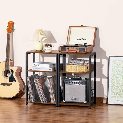 LELELINKY 3 Tier End Table, Record Player Stand with Storage for Up to 100 Albums, Turntable Stand for Vinyl, Brown