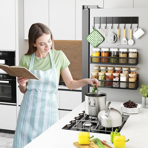 Magnetic Spice Rack for Refrigerator - 3 Pack Moveable Shelf with 8-Hook Rack, Seasoning Organizer for Kitchen