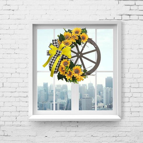 Sunflower Wagon Wheel Wreath for Front Door, Wooden Decor with Sunflower and Bow, 17.7in Spring Wreath