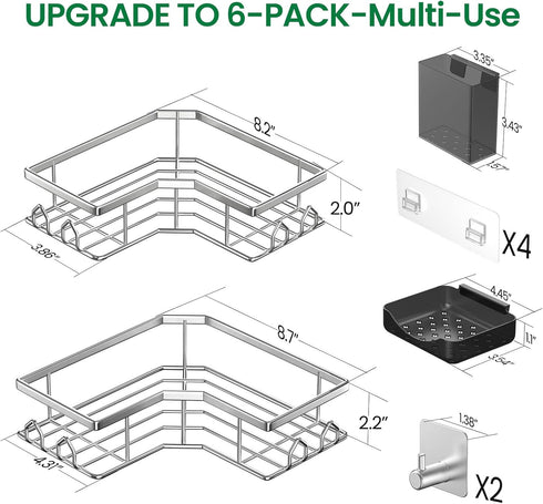 QHMCHLDZ 6 Pack Adhesive Shower Caddy, Corner Bath Organizer, Rustproof Stainless Steel Shower Shelves with Large