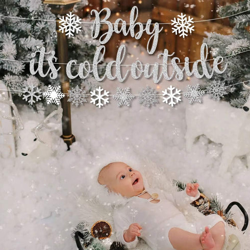 Baby It’s Cold Outside Party Decorations, Silver Banner, Snowflake Balloons, Garland