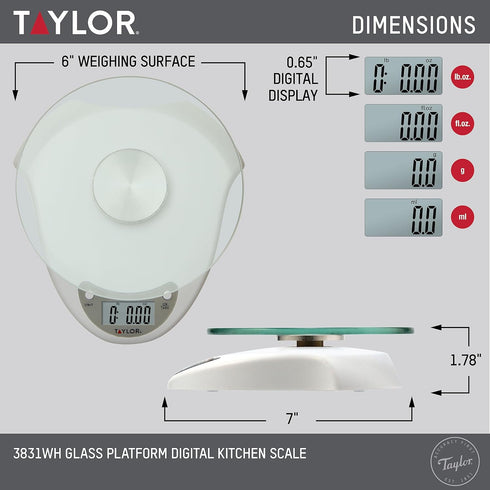 Taylor Digital Kitchen Scale with Glass Platform, Weighs up to 11 Pounds, White