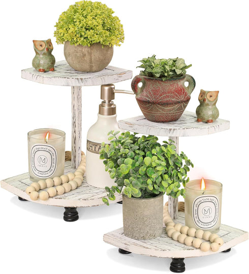 2-Pack Counter Tikea Decorative Wood Risers for Display, Farmhouse Corner Shelf for Kitchen Bathroom Decor, Farmhouse