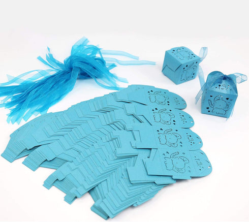 Kslong Blue Baby Shower Favor Boxes - 50Pcs Elephant Favor Boxes for Baby Boy with Ribbon for Party Decorations