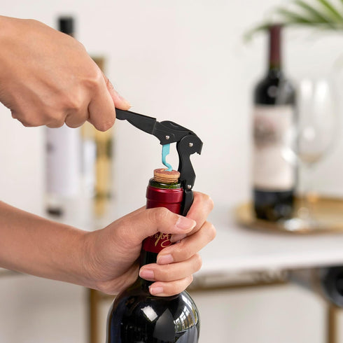 True Brands TrueTap Double Hinged Waiters Corkscrew, Stainless Steel Wine Key with Foil Cutter, Black Blue, Set of 1