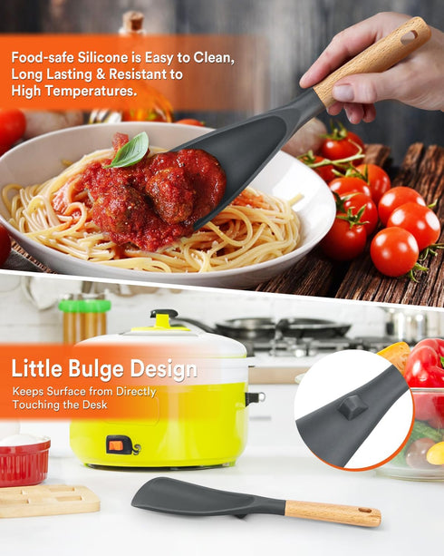 Cooking Spoon and Rice Scooper for Nonstick Cookware, Durable BPA-Free Silicone with Wood Handle