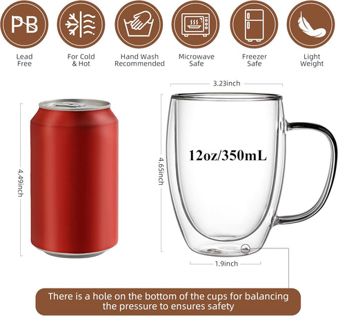 12oz Mugs(4-pack),Insulated CNGLASS Double Walled Glass Coffee Glass Mugs with Handle,Clear Espresso Cups
