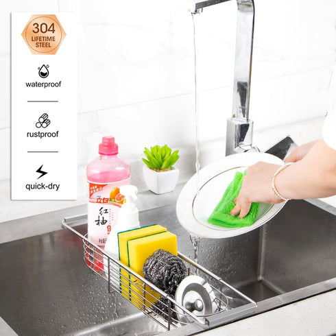 304stainless 14in-18in) YQh Retractable Sink Drain Rack, Steel Expandable Sink Storage Rack, Adjustabl Kitchen Sponge