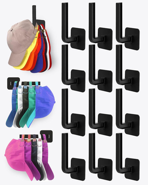 Hat Rack for Hat Storage (12-Pack), Multi-Purpose Wall Organizer with Strong Adhesive Hat Hooks for Baseball Caps