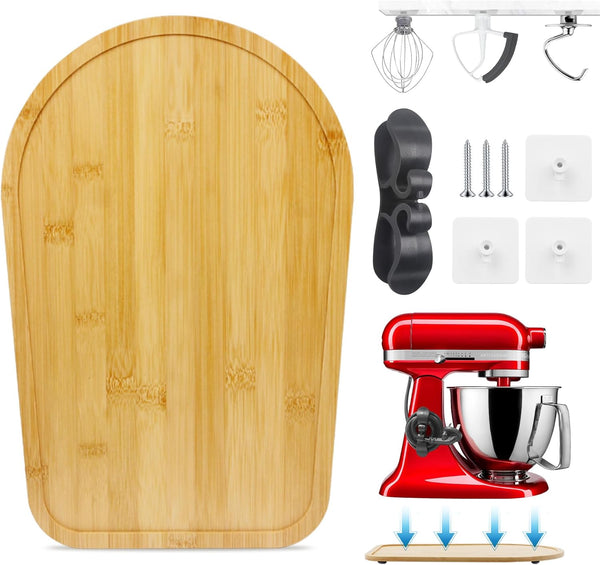 Sliding Mat for Kitchen Aid 4.5-5 Qt Stand Mixer - Includes Cord Organizer and Attachment Holder, Bamboo