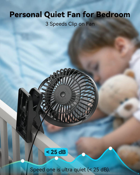 GEHEN 3-Speed Clip-On Fan with Strong Airflow, USB-Powered, Ultra-Quiet Operation for Bedroom, Office & Stroller Use