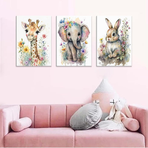 3Pcs 16x24in Safari Animal Nursery Canvas Wall Art Watercolor Baby Animals with Wildflowers Picture Posters Wall Decor