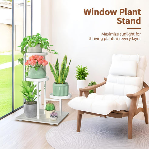 3 LASZOLA White Tier Plant Stand Indoor Heavy Duty Rack for Modern House Planter, Metal and Wooden Vertical Organizer