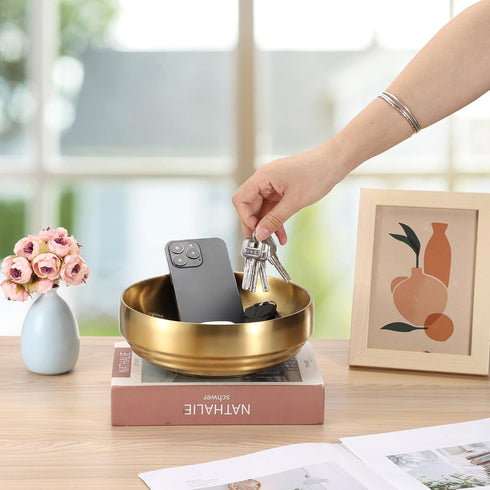 GUSHBIN 8.3" Counter Golden Key Bowl for Entryway Decorative Key Holder Round Fruit Dish Stainless Steel Catch All Bowl