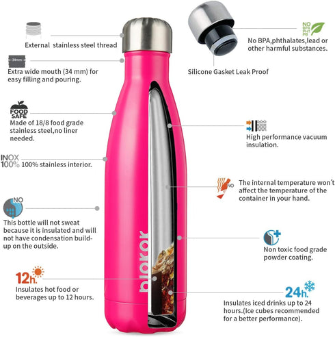BJPKPK 17oz Insulated Stainless Steel Water Bottles, Sports Bottles Keep Cold for 24 Hours, Pink