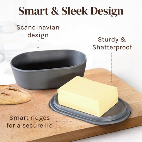 Countertop Grey Butter Dish with Lid for - Modern Plastic Dark Grey Butter Crock - Dishwasher Safe Butter Keeper