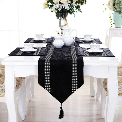 San Tungus Multi-Size Elegant Table Runner with Tassels Bright Rhinestone, 13 x 84 Inch