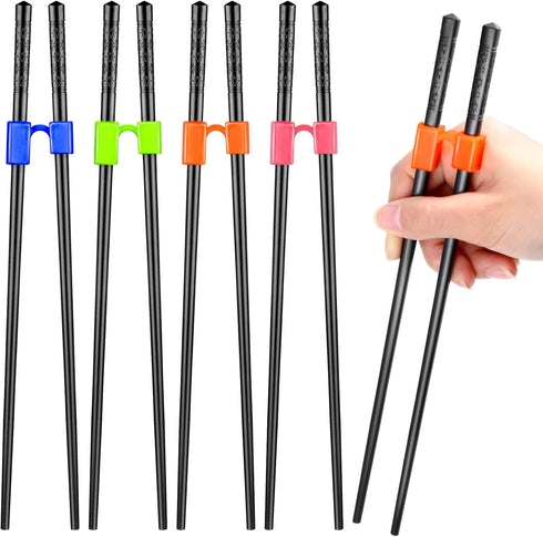 Tessco 5 Pairs Training Chopstick Helpers, Reusable Non-Slippery Practice Chopsticks with Clip for Beginners (Black)
