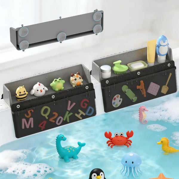 Silicone Bathtub Splash Guard 2-Pack with 10 Suction Cups & Hanging Mesh