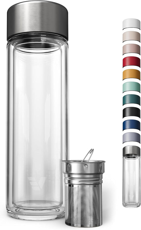 Glass Multi Tea Infuser Bottle 14oz - Double Wall Borosilicate Glass Flask