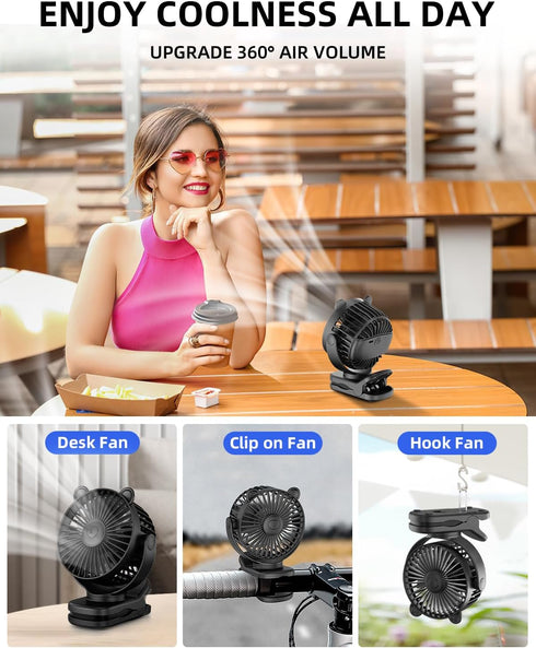 Portable Clip on Fan, Small Desk Fan Battery Operated, 360° Rotation, Cute Design, 3 Speed, Mini Table Fan USB Rechargeable, Personal Cooling Baby Stroller Fan for Home Office Outdoor Travel by KIDEE