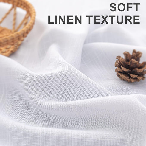 White Kitchen Curtains 24 Inch Length, 2 Panel Pocket Lace Cotton Textured Sheer Linen Short Cafe Curtain