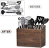 Wooden Kitchen Utensil Caddy with 2 Compartments, Rustic Holder for Kitchen Countertop, Wood Organizer Box