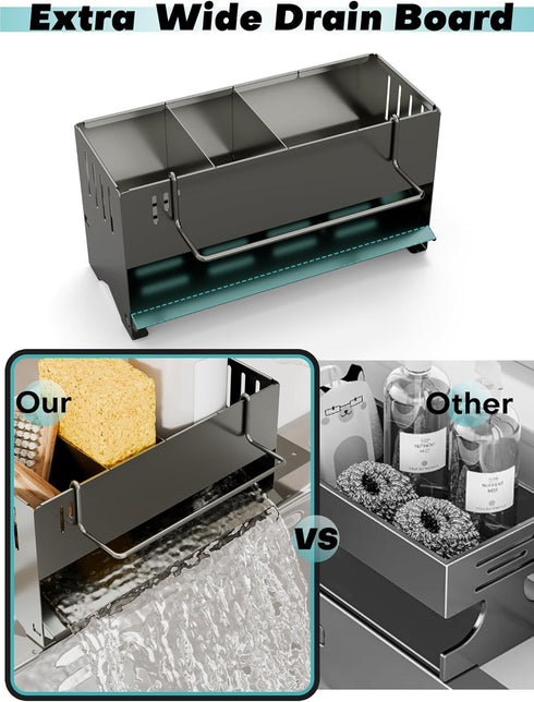 Kitchen Sink Caddy Organizer, Sponge Holder for Kitchen Sink with Upgraded Extra-Wide Drain Board, Efficient Drainage